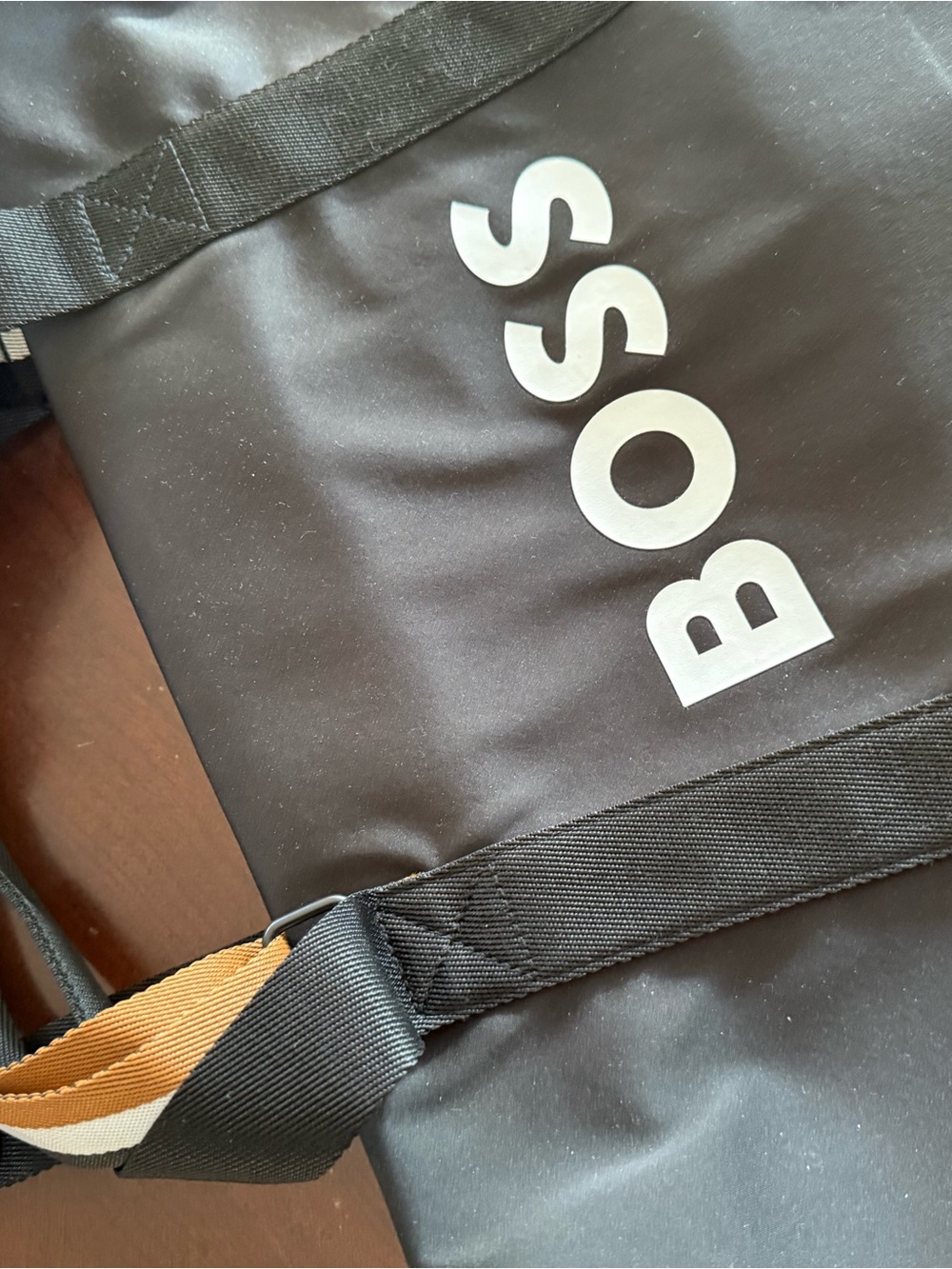 Boss Black Duffel Bag with White Logo and Brown Accent Strap